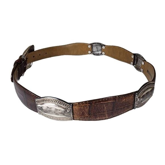VINTAGE Fossil Etched Silver Hardware Tan Leather Belt M - Picture 8 of 12